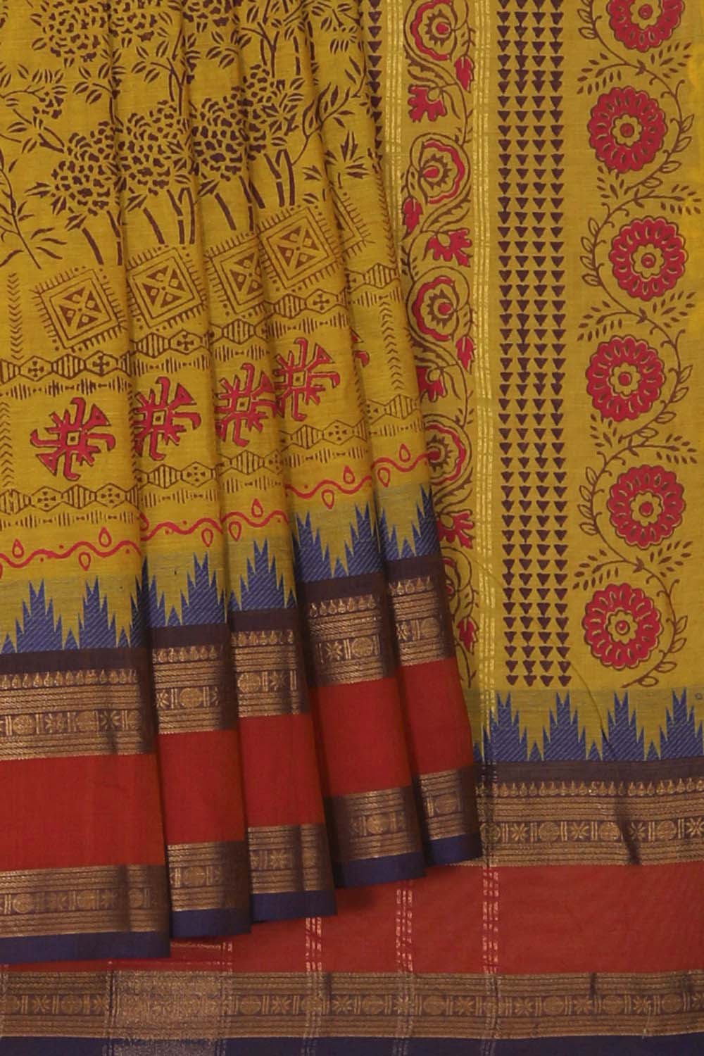 Image of Lime green block printed south cotton saree